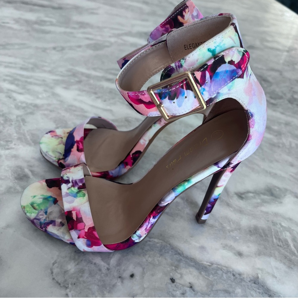 Dream Pairs Pink and Purple Heels with Floral Design